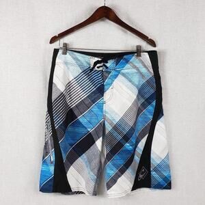 O'neill Board Shorts Men 33 Blue, Black, White Plaid w/ Side Zip Pocket